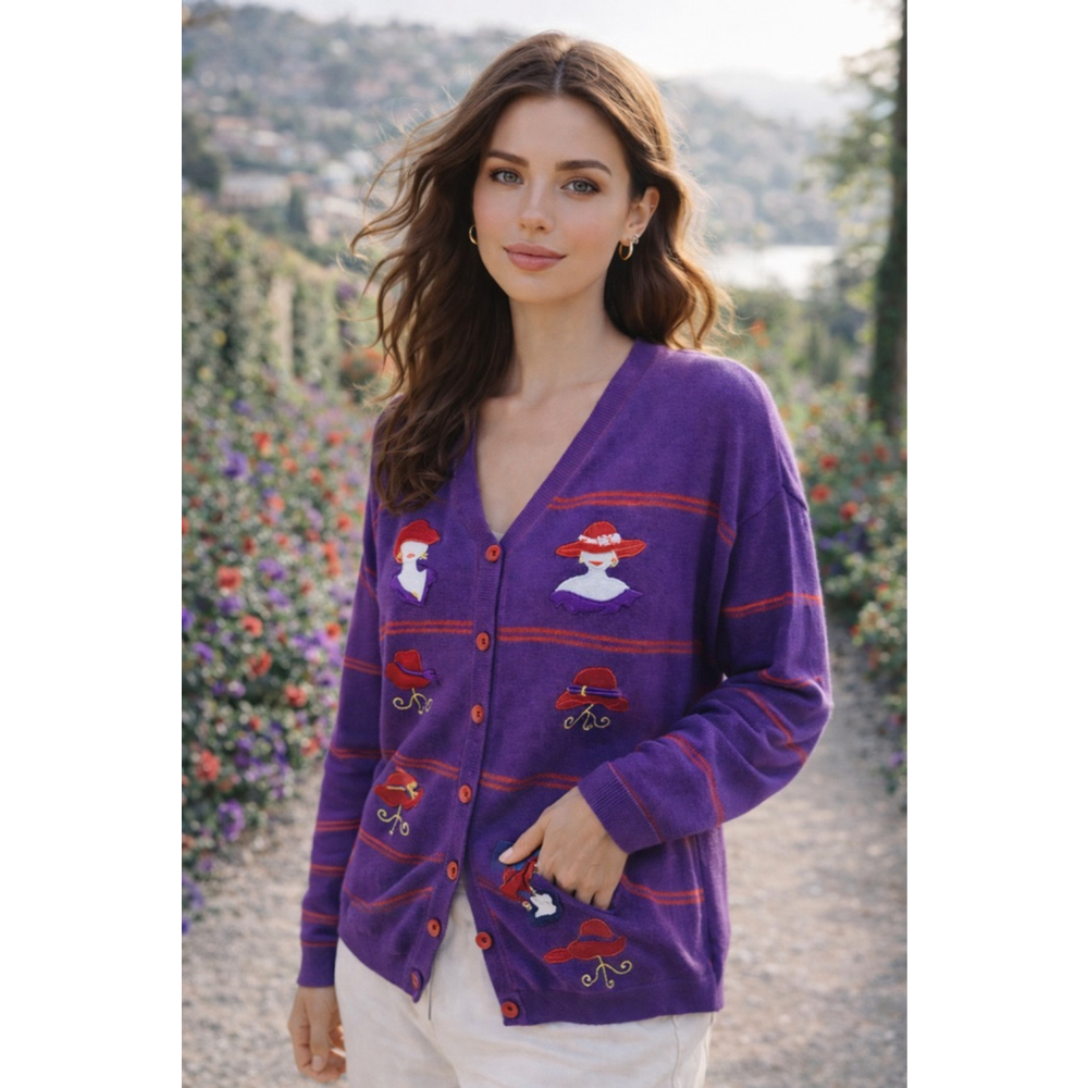 Vintage Terrazzo Cardigan Manniquin‎ Silhouette Purple Embroidered Eclectic Boho